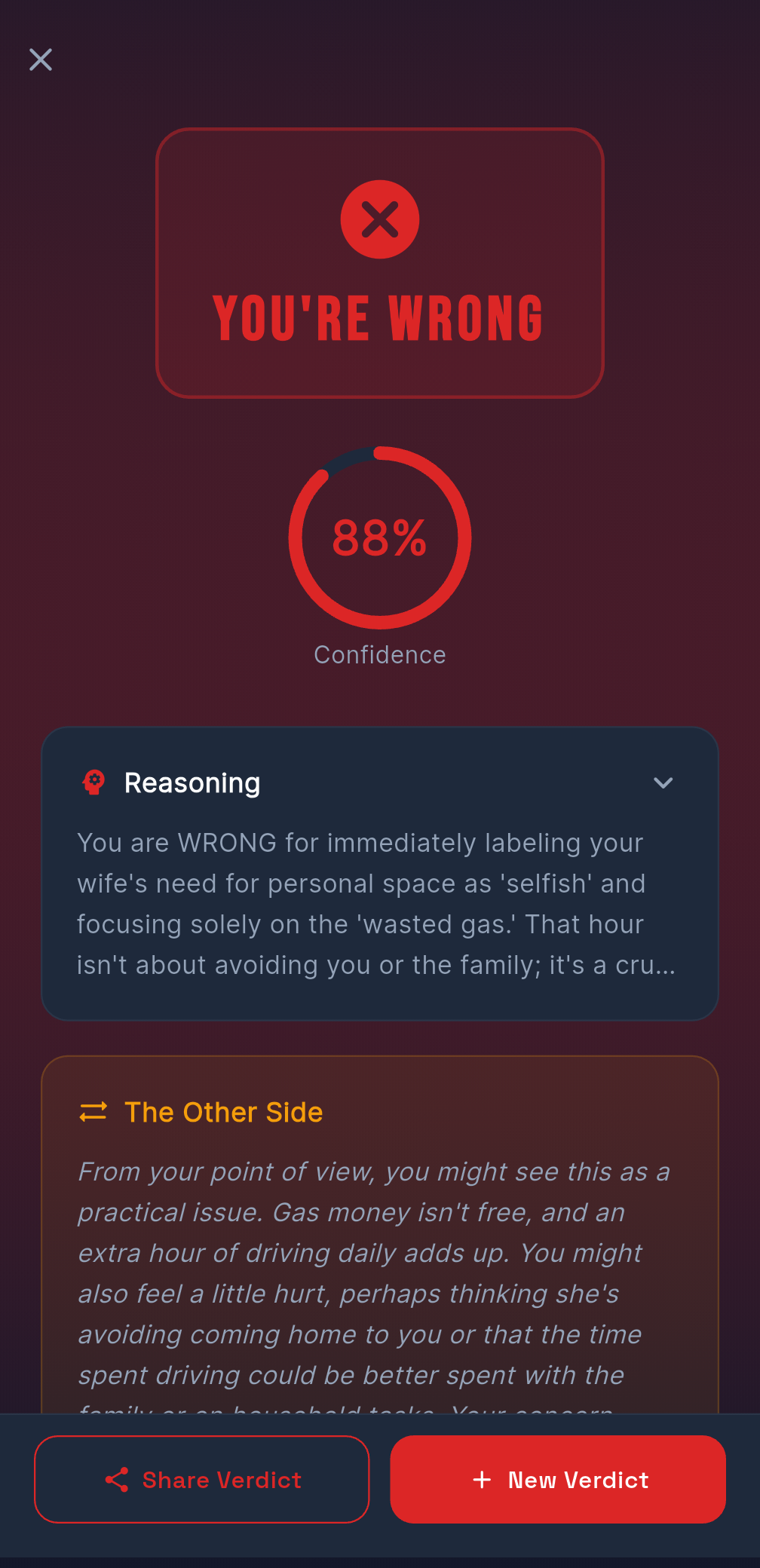 You're Wrong verdict with 88% confidence